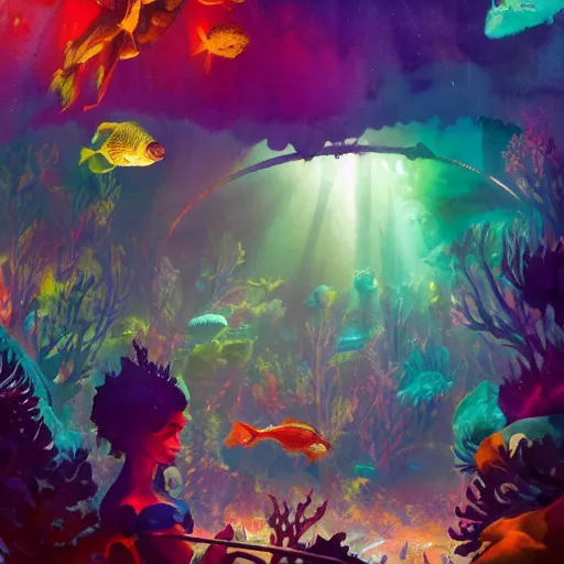 Image similar to a beautiful and vivid and colorful Grzegorz greg rutkowski watercolor and matte painting of an underwater discotheque with a disco ball and mermaids and fish and a colorful rainbow seaweed forest. trending on ArtStation