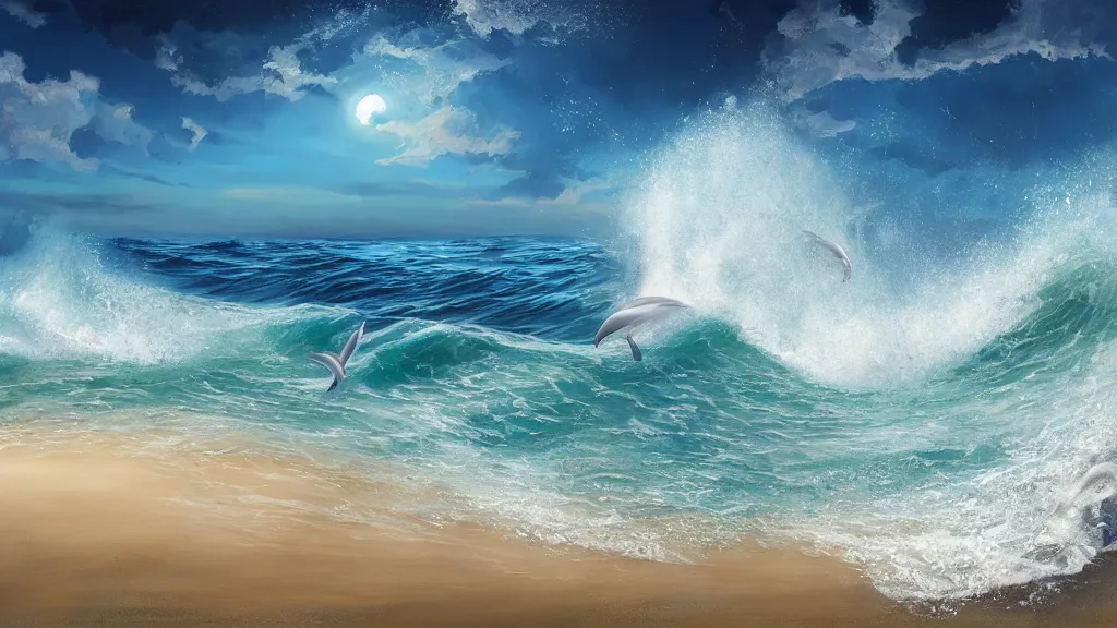 Prompt: first person view of breaking waves on the shore, summer, clear beautiful sky, bright sky, dolphins jumping and playing near the shore, peaceful, amazing, by andreas rocha and john howe, and Martin Johnson Heade, featured on artstation, featured on behance, golden ratio, ultrawide angle, f32, well composed