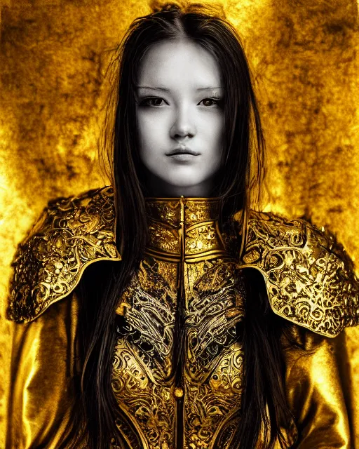 Prompt: ink painting portrait of woman in shining golden armor, high production value, intricate details, high resolution, hdr, high definition, masterpiece, realistic, ultrarealistic, highly detailed, hd, sharp focus, non blurry, sharp, smooth