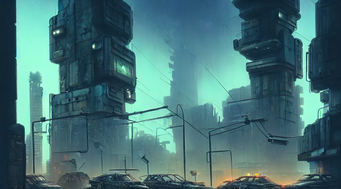 Image similar to post apocalyptic cyberpunk police station, building, avenue, urban architecture, americana architecture, concrete architecture, cloudy sky, paved roads, by boris vallejo trending on artstation, photorealistic, wild vegetation, utopian, futuristic, blade runner, neon signs, sharp, clear, focus