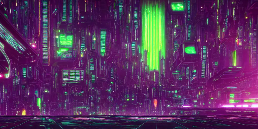 Image similar to a landscape view of a cybernetic cathedral overlooking an higway made of rows of glowing green codes and symbols, cyberpunk, beautiful detailed, cinematic, strong lighting, hi - fructose art magazine, photorealistic, 8 k, gradient cyan to purple, by paul lehr and david heskin