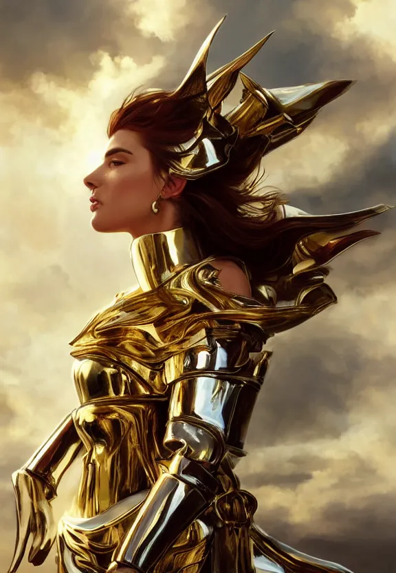 Image similar to A beautiful fierce photogenic angel wearing metallic battle armor, posing heroically with heavenly sunlit clouds in the background, close-up shot, elegant, digital painting, golden hour, cinematic, epic, trending on artstation, concept art, smooth, sharp focus, illustration, art by artgerm and Greg Rutkowski and Alphonse Mucha