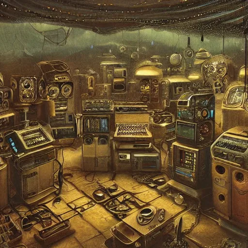 Prompt: landscape filled with steampunk vintage computers in a tent, filigree ornaments, exterior, beksinski