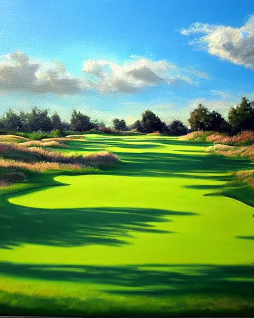 Prompt: oil painting of golf course, oil painting,