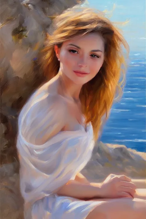 Prompt: portrait of a beautiful woman by the beach, morning, highly detailed, ultrarealistic oil painting, vladimir volegov, artstation