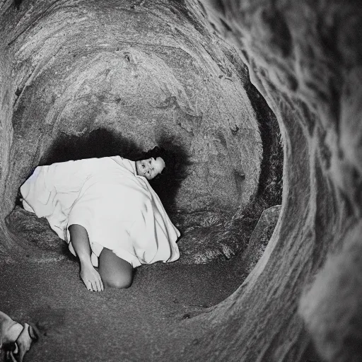 Image similar to Marge Simpson falling asleep in a cave, 35mm photograph