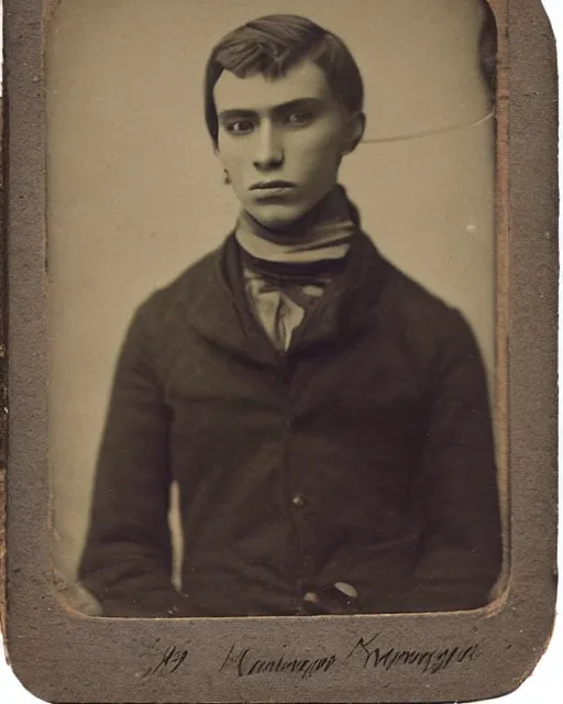 Image similar to tintype photo of alyosha karamazov, handsome innocent young russian man, by julia margaret cameron 1 8 8 0 s, realistic, body shot, sharp focus, 8 k high definition, insanely detailed, intricate, elegant