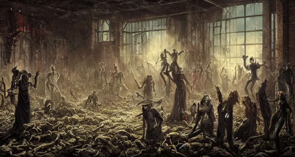 Image similar to A horrific sinister painting of souls of the dead queueing up outside a door in an abandoned warehouse by Tom Bagshaw, Dan Mumford, Dariusz Zawadzki, Todd McFarlane, and Erik Johansson.