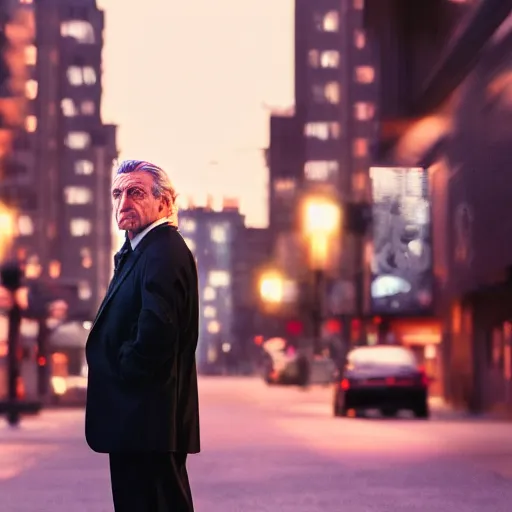 Image similar to a still of Robert De Niro . Shallow depth of field. City at night in background, lights, colors ,studio lighting, mood, 4K. Profession photography