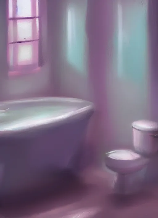 Image similar to placid pastel morning cute cluttered painterly fluffy tiny cramped bathroom trending on pixiv