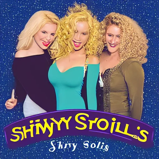 Image similar to album cover of a pop rock music group named'shiny souls'with two woman singers with blonde hair and one woman singer with brown curly hair singing in front of the crowd, very energetic, aerial view, digital art