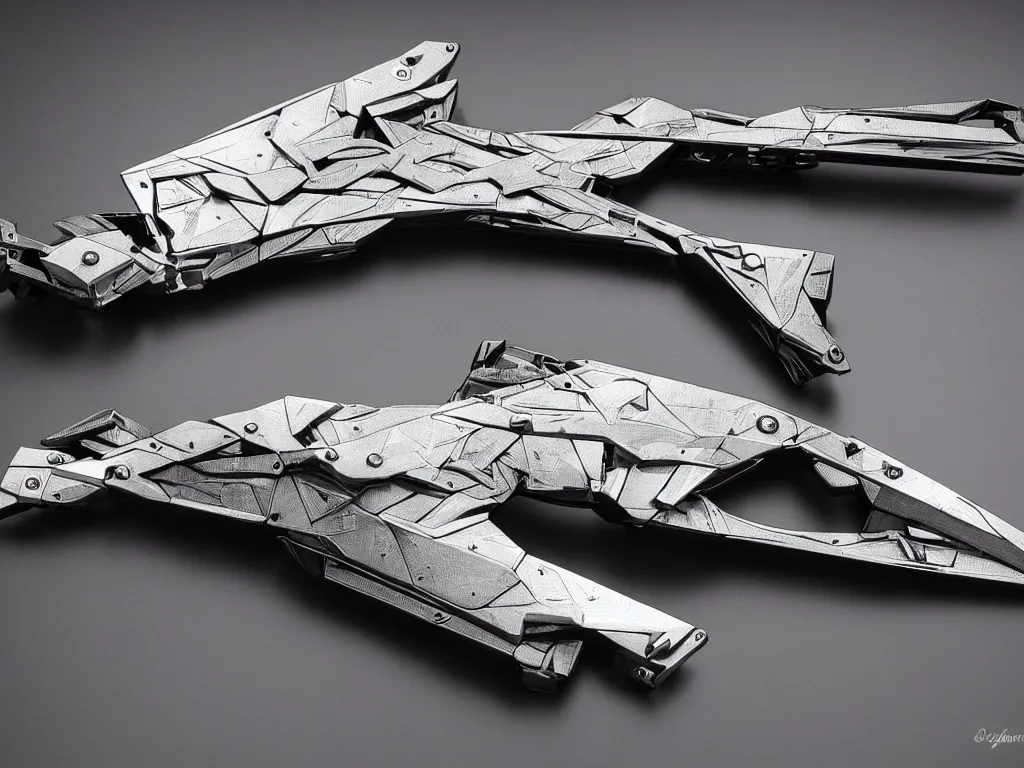 Image similar to intricate futuristic weapon made of brushed metal, chrome and carbon, gold linings