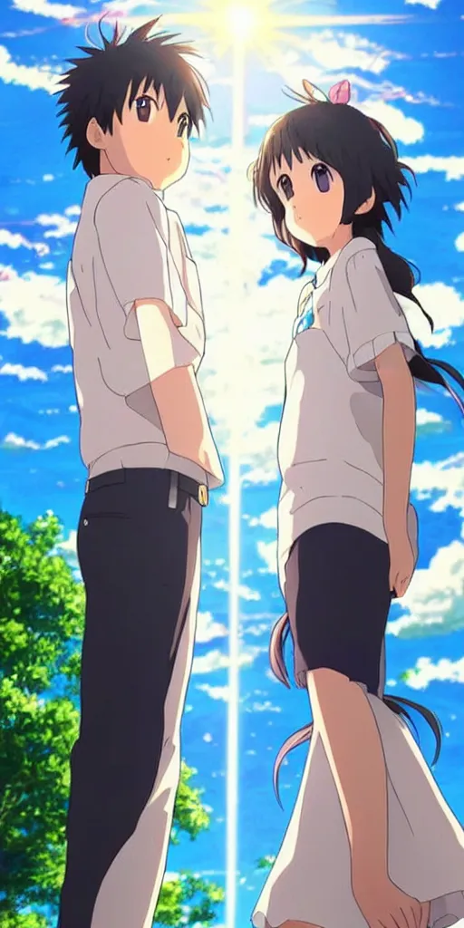 Image similar to a man and a woman holding hands under a beautiful sun drawn like the anime Your Name anime,