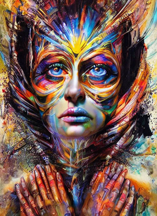 Image similar to incredible magic cult psychic woman, symmetrical painted face, third eye, energetic consciousness psychedelic scene, epic surrealism expressionism symbolism, story telling, iconic, dark robed, oil painting, layers on layers on layers, dark myth mythos, by Sandra Chevrier , Bruce Pennington, masterpiece