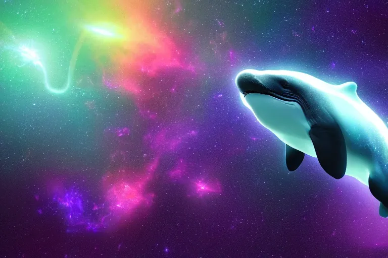 Prompt: a mystical cosmic bioluminescent whale jumping through a space nebula leaving stardust trails behind, digital art, photorealistic