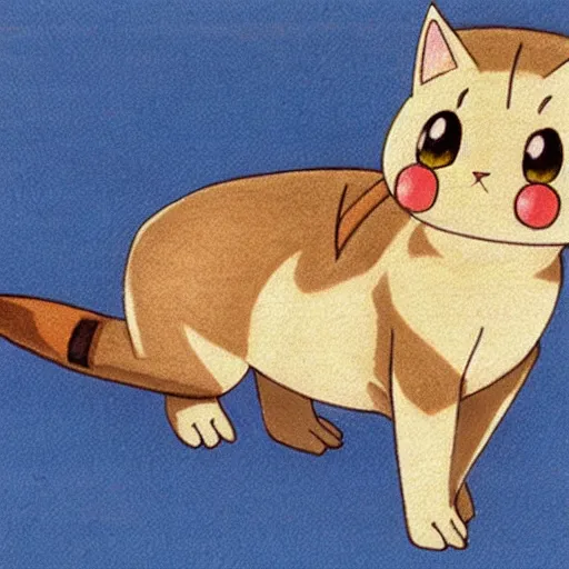 Image similar to an anime drawing of a light tan cat with blue eyes and black feet, drawn in 1 9 9 8, for pokemon red and blue.