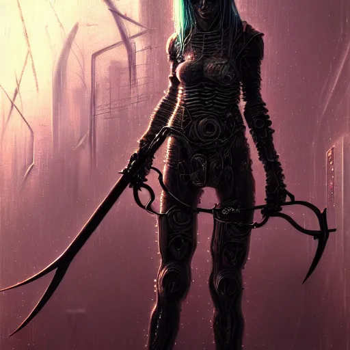 Image similar to a highly detailed long shot photo of cyberpunk female character by ayami kojima, elf, beksinski, giger, elf, wielding scythe, intricate, digital painting, artstation, concept art, smooth, sharp focus