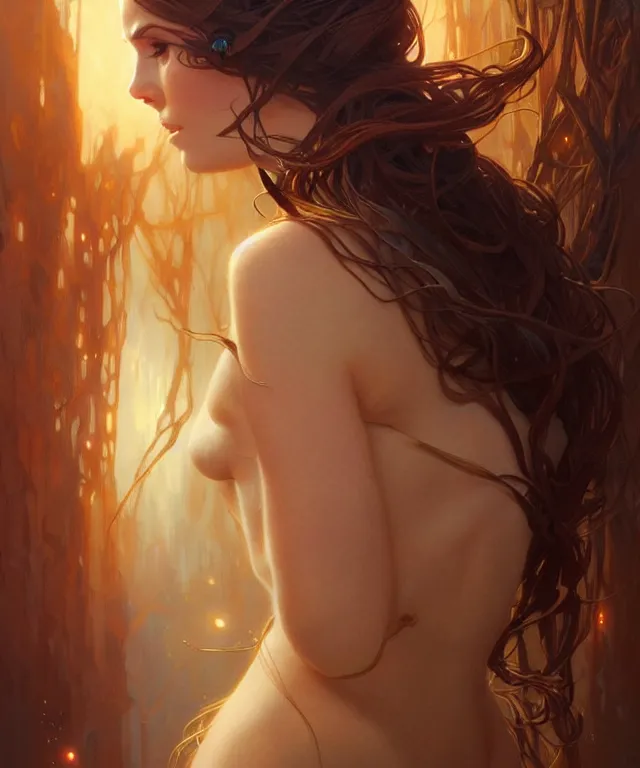 Image similar to nature woman portrait, sci-fi, amber eyes, face, long hair, fantasy, intricate, elegant, highly detailed, digital painting, artstation, concept art, smooth, sharp focus, illustration, art by artgerm and greg rutkowski and alphonse mucha