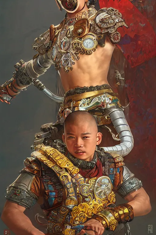 Prompt: portrait of a young cyberpunk shaolin man wearing a warrior armor, fantasy, regal, fractal crystal, fractal gems, by stanley artgerm lau, greg rutkowski, thomas kindkade, alphonse mucha, loish, norman rockwell.