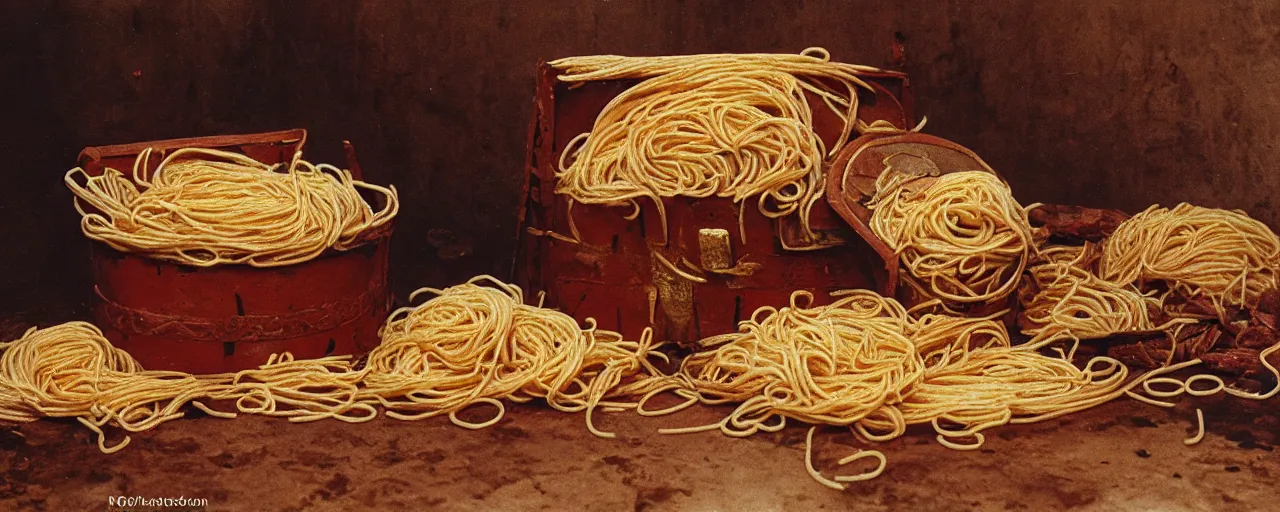 Image similar to the treasure chest of spaghetti in the mali empire, 1 5 0 0 s canon 5 0 mm, kodachrome, retro