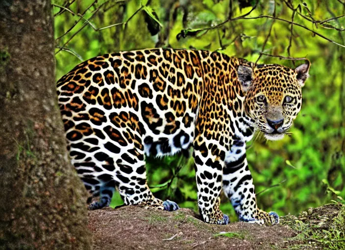 Prompt: jaguar the animal in the forest but it has the body of a jaguar car, professional natural geographic jungle photo