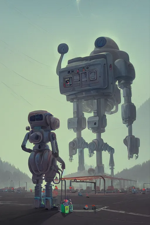 Prompt: mech at supermarket trying to find milk to his son, highly detailed, scifi, fantasy, highly detailed, digital painting, trending on artstation, concept art, sharp focus, illustration, global illumination, shaded, art by simon stalenhag