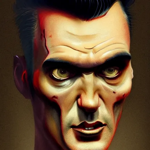 Prompt: portrait of a slim and handsome morrissey as a zombie with a large quiff and thick eyebrows, 7 days to die zombie, fine art, award winning, intricate, elegant, sharp focus, cinematic lighting, digital painting, 8 k concept art, art by z. w. gu, art by brom, art by michael hussar, 8 k