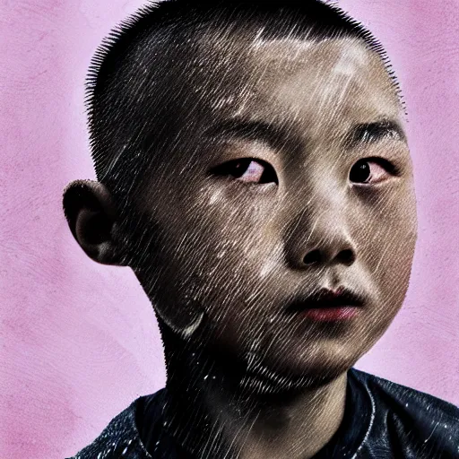 Image similar to dramatic portrait of chinese boy buzz cut, battle damaged, digital painting