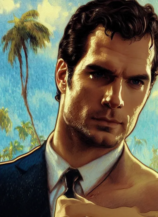 Image similar to portrait of henry cavill as james bond, casino, key art, sprinting, palm trees, woman in background, highly detailed, digital painting, artstation, concept art, cinematic lighting, sharp focus, illustration, by gaston bussiere alphonse mucha