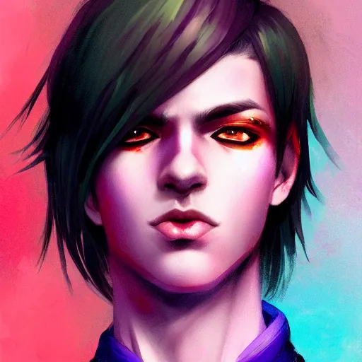 Image similar to colorful and festive captivating teenager boy with straight purple hair, purple eyes with red eye markers, slim body, wearing japanese combat clothes. rich vivid colors, ambient lighting, dynamic lighting, 4 k, atmospheric lighting, painted, intricate, highly detailed by charlie bowater