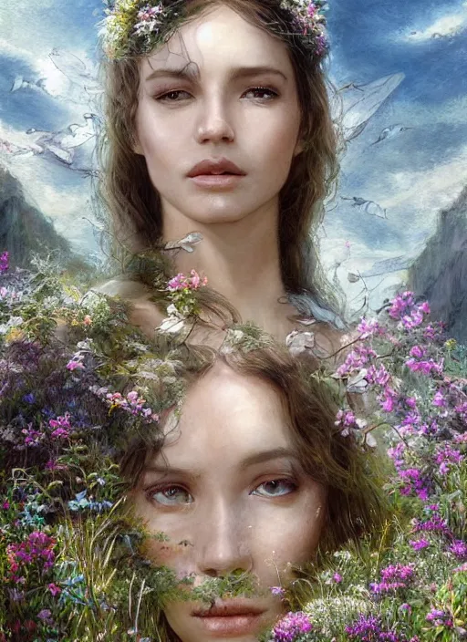 Image similar to portrait of a beautiful women with wings of lace in a lord of the rings scenery landscape, symmetrical body, face by artgerm, river, tall flowers, sunny day, highly detailed, perfect lighting, perfect composition, 4 k, by alan lee, by derek zabrocki, by greg rutkowski