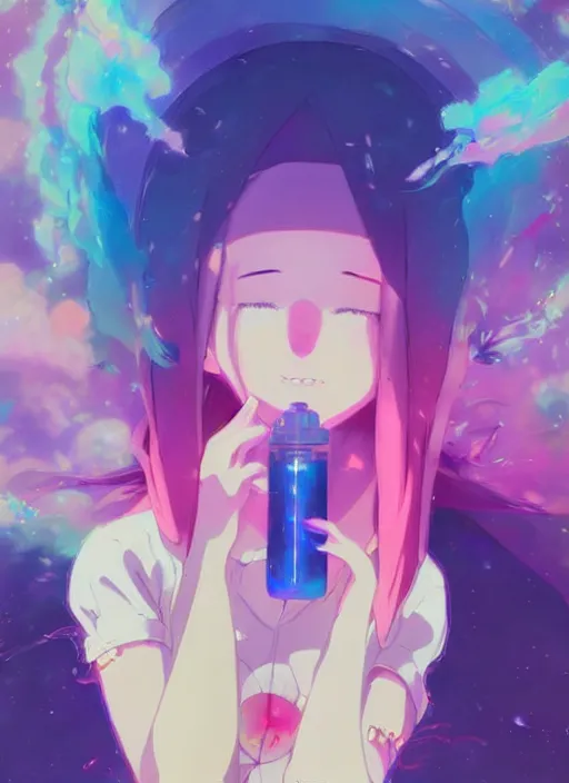 Image similar to portrait of a very cute girl blowing a vape cloud of psychedelic galaxies, illustration concept art anime key visual, very trippy and abstract, trending pixiv fanbox by wlop and greg rutkowski and makoto shinkai and studio ghibli and kyoto animation