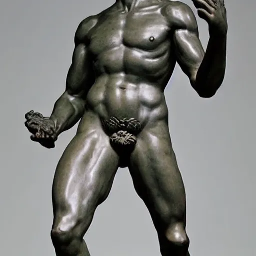 Image similar to a renaissance sculpture of a tall, muscular, handsome, gorgeous beautiful male with the face of Waluigi from Nintendo,