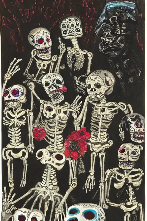 Image similar to scene from wedding, day of the dead, cyber skeletons, queen in black silk in the center, neon painting by otto dix