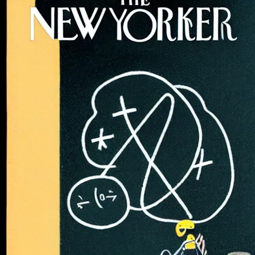 Prompt: new yorker cover showing a physicist drawing mathematical figures on a chalk board while drinking a coffee cup