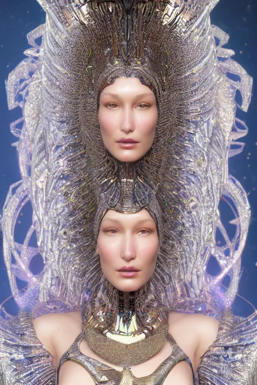 Image similar to a highly detailed metahuman 4 k close up render of an alien goddess bella hadid as kleopatra in iris van herpen dress schiaparelli in diamonds crystals swarovski and jewelry in style of alphonse mucha gustav klimt trending on artstation made in unreal engine 4