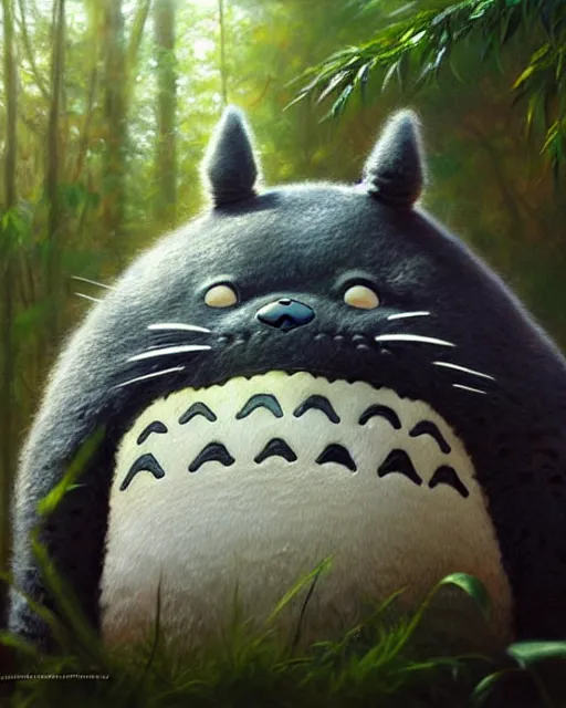 Prompt: portrait of real life totoro, hyperrealistic, very detailed fur, sharp focus, fine lines, fine art, soft colors, in rays of sunlight, forest in the background, detailed painting by mark arian, artgerm, bastien lecouffe - deharme
