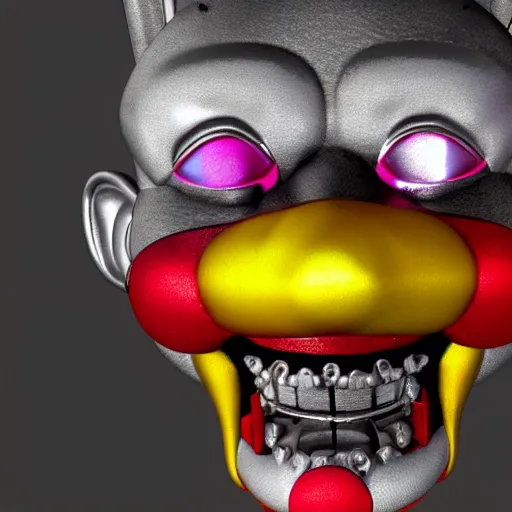 Image similar to 3d ultra photorealistic render of a new fnaf animatronic that look like a clown made of metal pieces joined together, blood all over the textures and a creepy yellow face