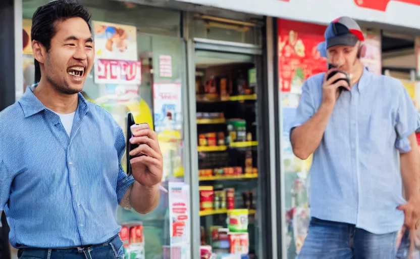 Prompt: A man talking on a phone outside a convenience store on a sunny afternoon, promotional shot