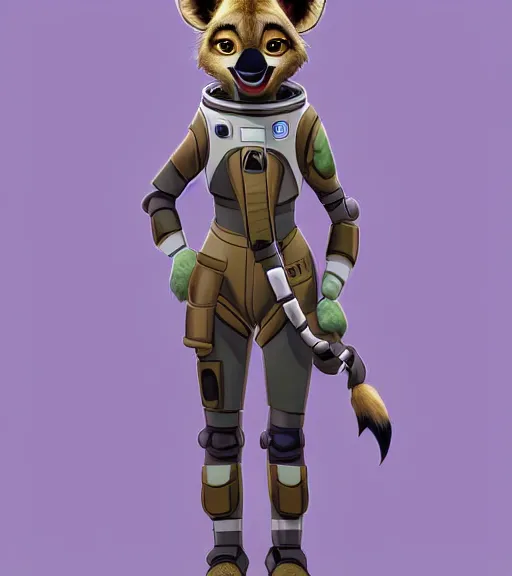 Image similar to digital detailed full body of anthromorphic female hyena, in style of zootopia, fursona, furry, furaffinity, 4 k, deviantart, wearing astronaut outfit, in style of zootopia, floating in space, space background, in deep space, dark background, hyena fursona, cyberpunk, female, stylized face,