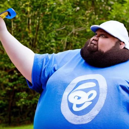 Prompt: very obese man with a t-shirt and blue cap with the letter P, skateboarding