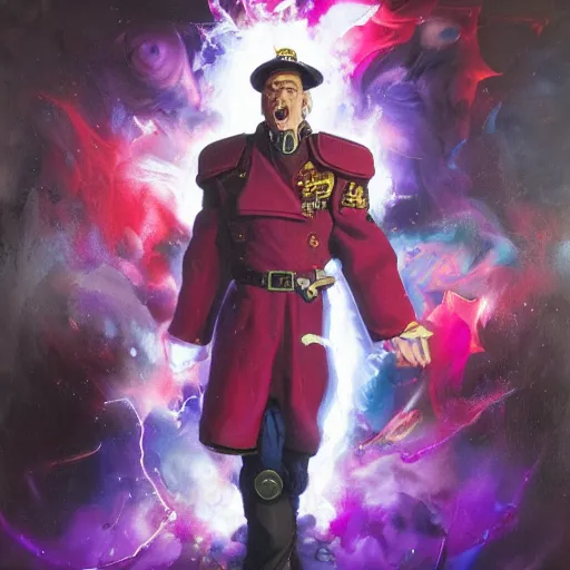 Prompt: M. Bison with a big white smile laughing wearing red, surrounded by purple magic and purple lightning on the background, by Tim Okamura, Victor Nizovtsev, Greg Rutkowski, Noah Bradley. trending on Artstation, 8k, masterpiece, graffiti paint, fine detail, intricate detail, golden ratio illustration