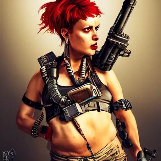 Image similar to tank girl, ultra highly detailed, concept art, fun pose, wild eyes, big hammer, 4 k