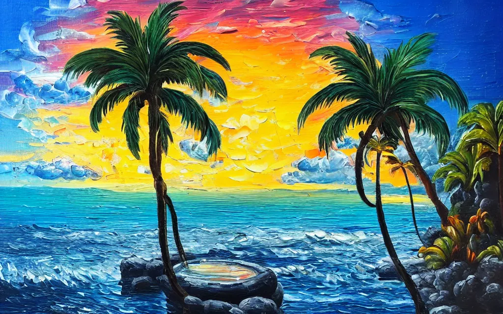 Prompt: a sea with a tiny island with a cute cozy cottage with a terrace, a paved garden courtyard with benches and a fountain, palm trees, river, sunset, puffy clouds, dramatic and dynamic lighting, thick brush strokes oil impasto painting