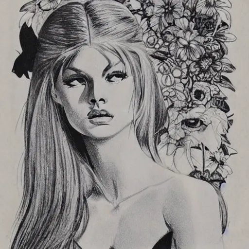 Image similar to 1 9 6 0 s drawing symmetrical pretty elegant brigitte bardot as a vampire with alain delon, very detailed intricate intaglio, style of takato yamamoto!!! lots of flowers