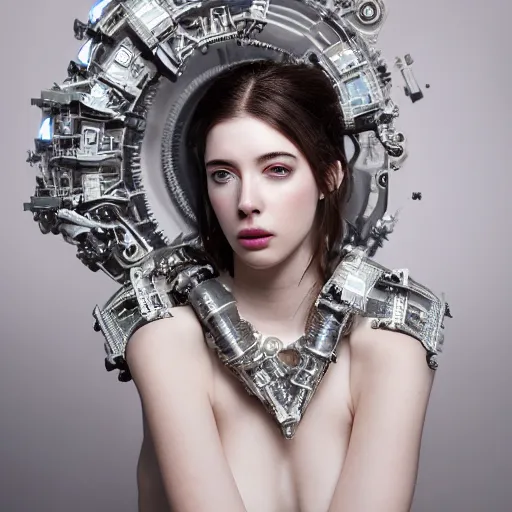 Image similar to beautiful Fine art photo portrait of enraptured Sarah Mcdaniel as a solarpunk robotic goddess, white mechanical parts with led lights, photorealistic, white background, highly detailed and intricate, studio lighting, HDR 8k