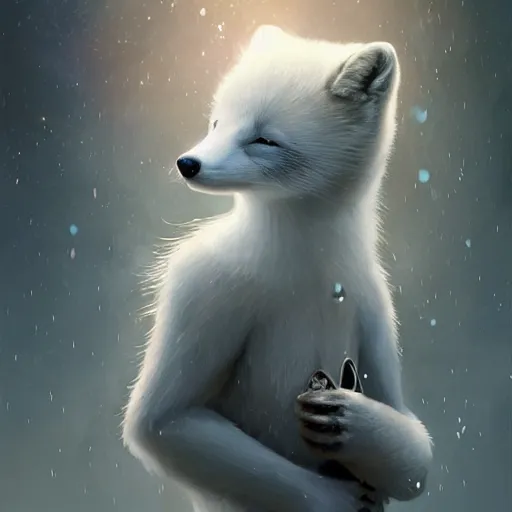 Prompt: elegant anthropomorphic arctic fox butler by artgerm, victo ngai, ryohei hase, artstation, highly detailed digital painting, smooth, global illumination, fantasy art by greg rutkowsky, karl spitzweg