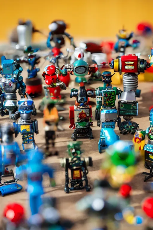 Image similar to high quality presentation photo of a a detailed miniature diorama of retro toy robots invading a detailed model of a 1950s town, photography 4k, f1.8 anamorphic, bokeh, 4k, Canon, Nikon