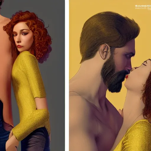 Image similar to man and woman in pose of couple vol 2 photo reference pack for artists, spirit hugs, gold trim, atmoshperic, elegant, sharp focus, huge lips, poses by satine zillah, environment by hw 6 5 2 3, art by ilya ozornin, artstation, intricate details, concept art