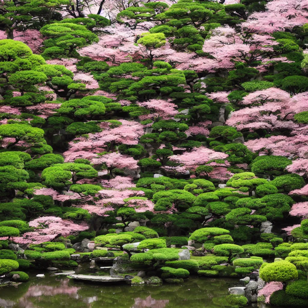 Prompt: peaceful Japanese garden in the middle of spring, matte painting,
